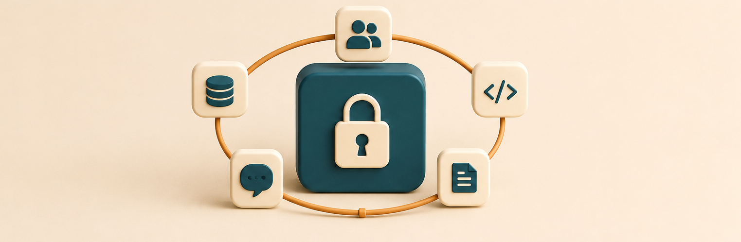 A padlock at the center of a ring connecting five sources — database, people, code, chat, and documents — showing organizational context owned inside one trust boundary.