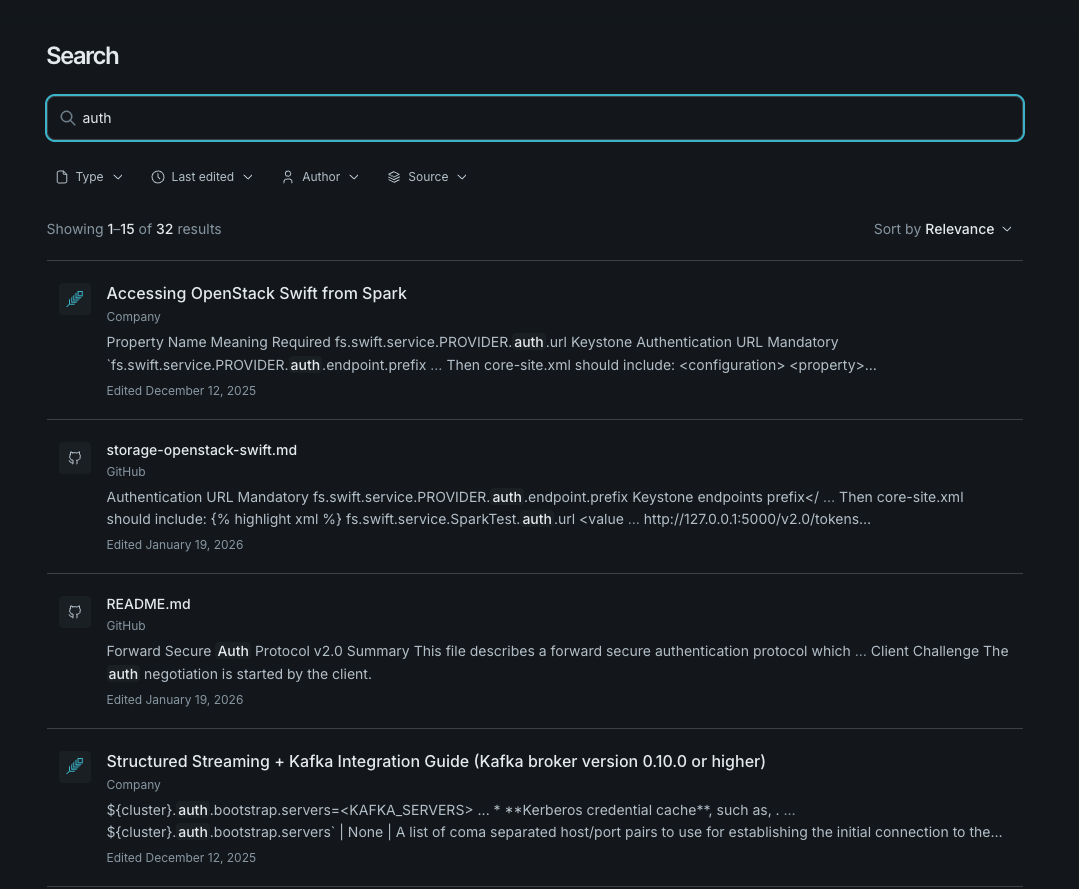 Falconer search results page: a query for “auth” with type, last-edited, author, and source filters, showing ranked results with highlighted snippets and the path to each document